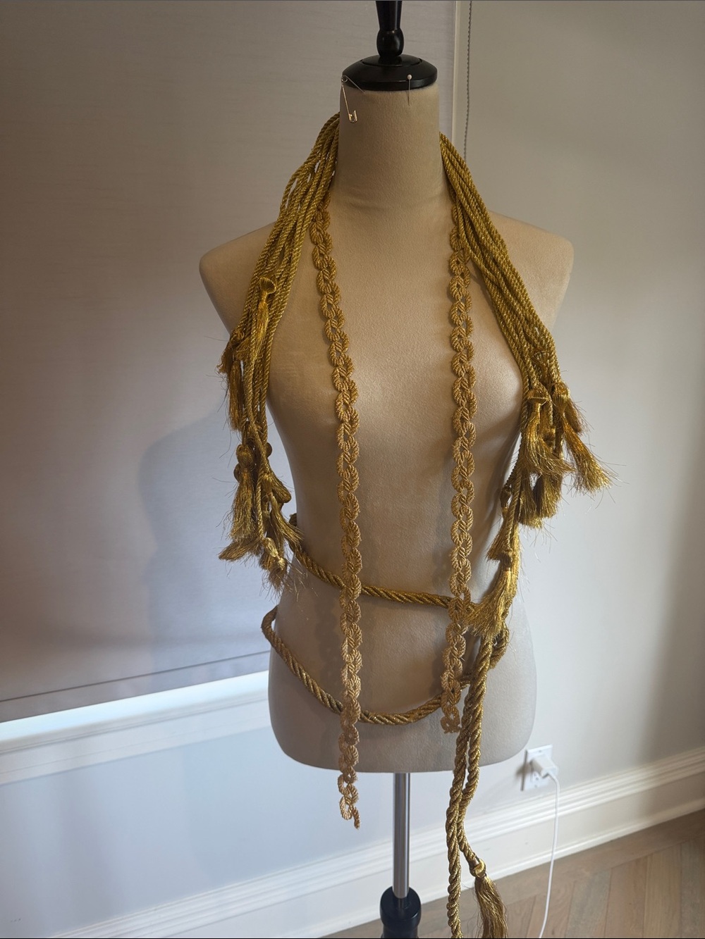 Gold Braided Rope tassel and dozen gold tie backs   Gold Venice trim, silver bow